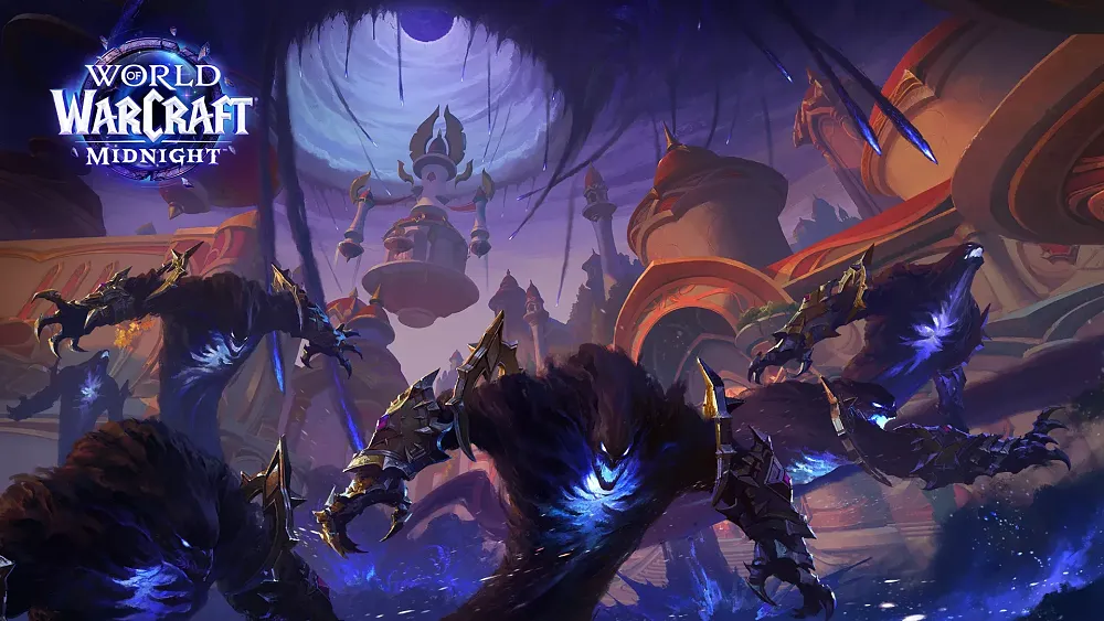 Key art showing a city filled with void monsters in World of Warcraft: Midnight.