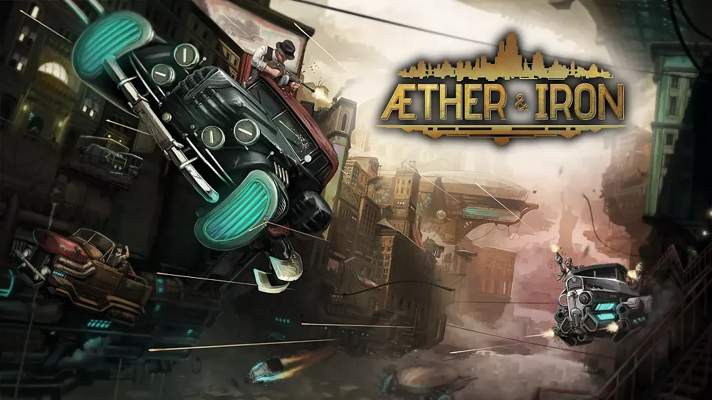Art for Aether & Iron. The artwork shows a shootout between hover cars in an alternate history 1930s New York City.