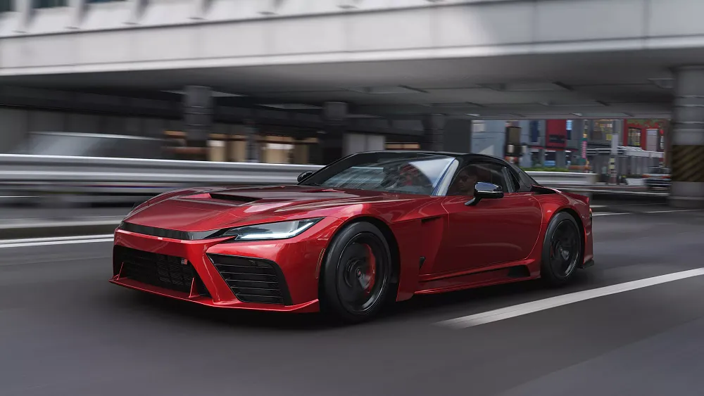 A screenshot of a red, high end sportscar racing through city streets in Japan in Forza Horizon 6.