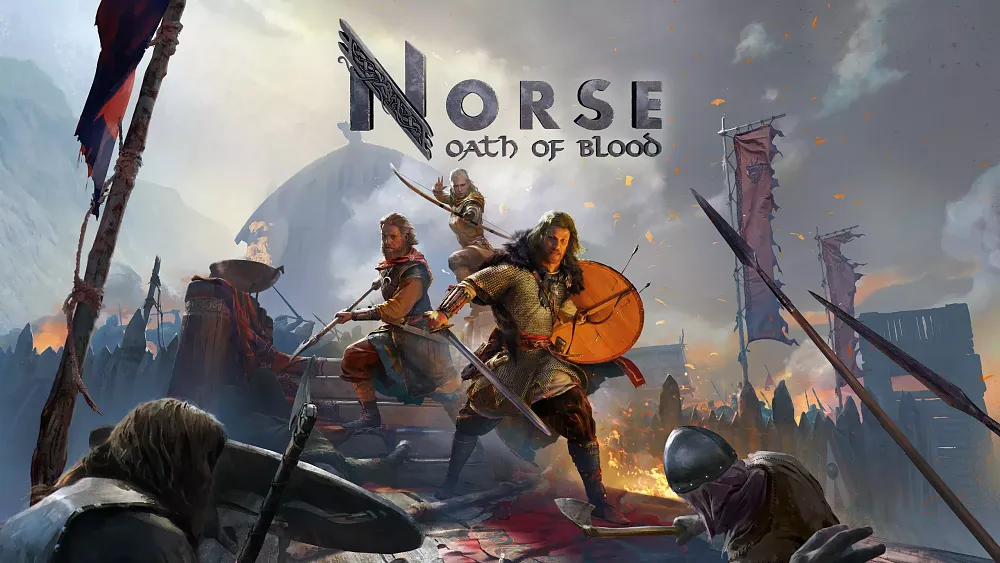 Norse: Oath of Blood key art showing three Viking warriors taking stances to prepare for incoming enemy warriors.