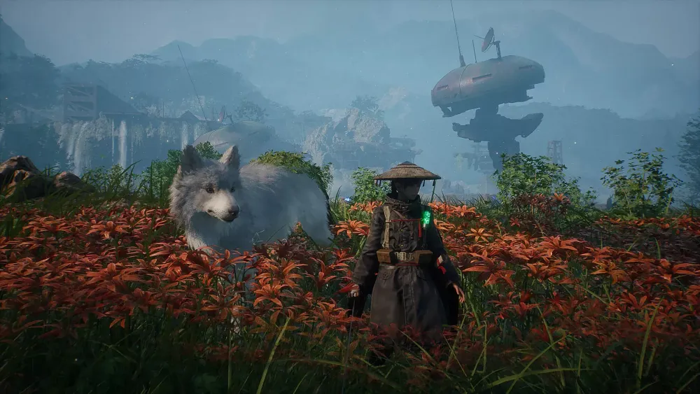 Screenshot from Beast of Reincarnation showing a large god companion and the dog's buddy, the main protagonist, standing in a field of flowers.