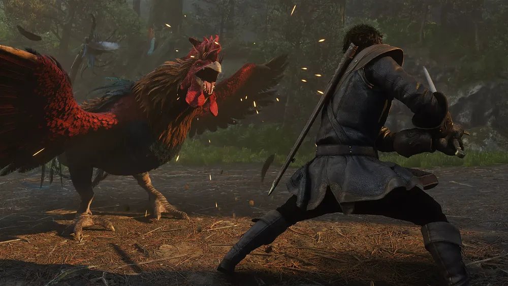 Screenshot from the upcoming, new Fable game showing the custom player character battling a giant chicken.