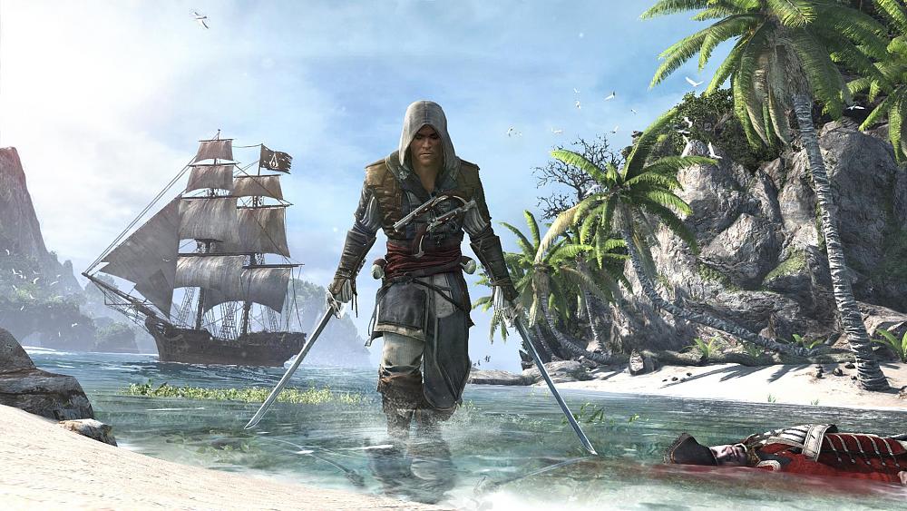 Screenshot of the main character in Assassin's Creed 4: Black Flag wearing a hooded pirate assassin outfit and holding dual swords. A remake of this game was reportedly just cancelled at Ubisoft.