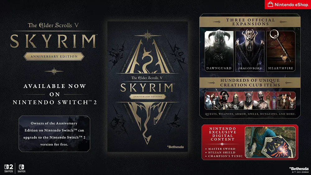 Image showing all of the content included in the Anniversary Edition of Skyrim for the Nintendo Switch 2.