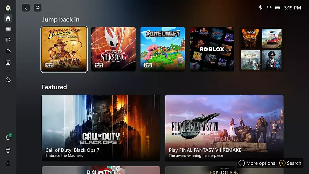 A preview of the Xbox Full Screen Experience showing a controller-friendly user interface for playing games on Windows 11.