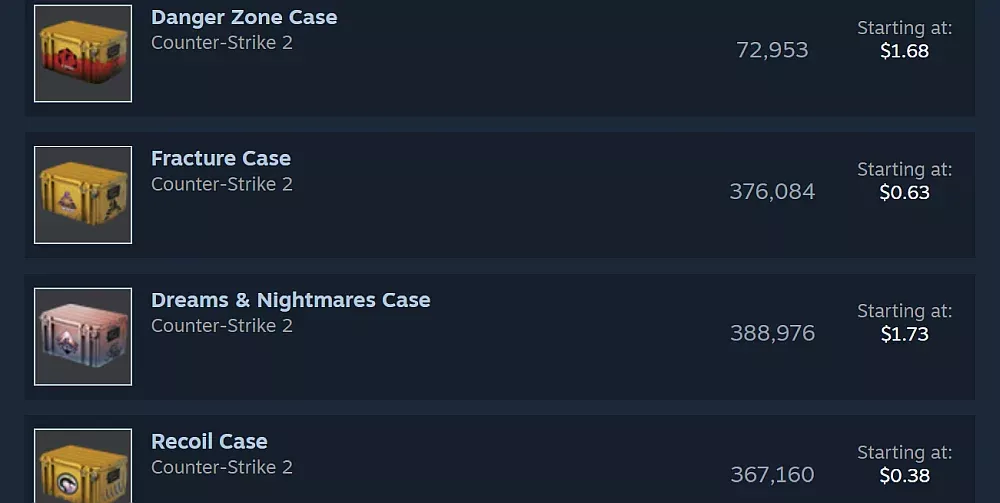 Steam Market listings for Counter-Strike 2 weapon loot boxes and crates.