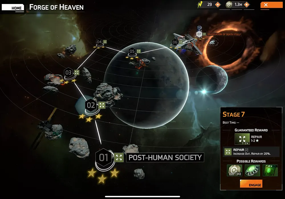 A screenshot showing a series of levels for a campaign for a sci-fi space autobattler game.