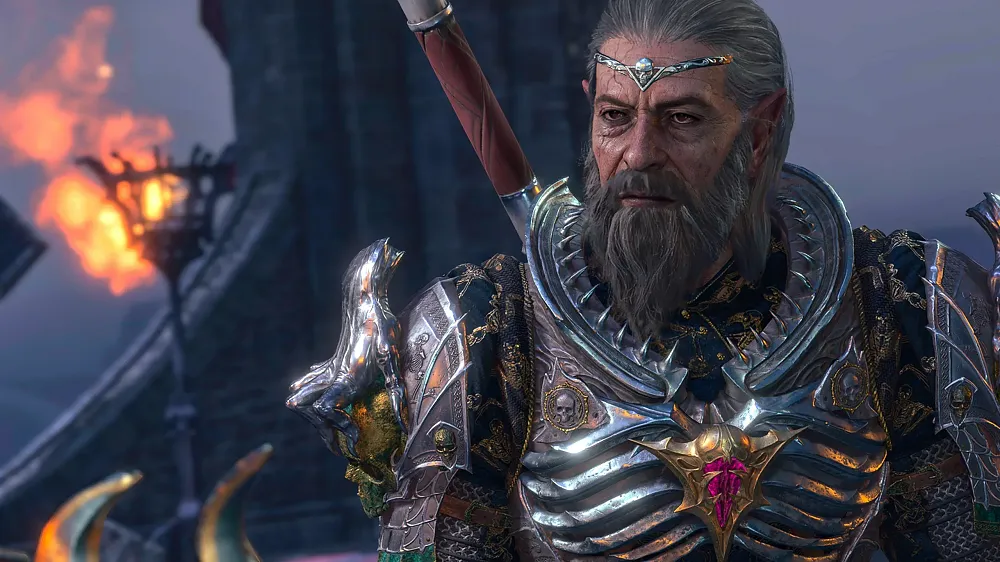 An old knight wearing fantasy-style medieval armor.