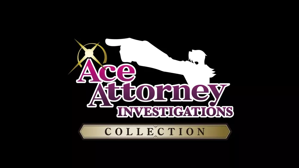 Text: Ace Attorney Investigations Collection with an outline of Miles Edgeworth pointing as he probably yells "Objection!"