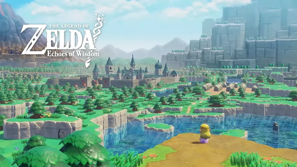 Screenshot from the game showing Princess Zelda looking out over Hyrule with the game's title, The Legend of Zelda: Echoes of Wisdom, appearing in the top left corner.