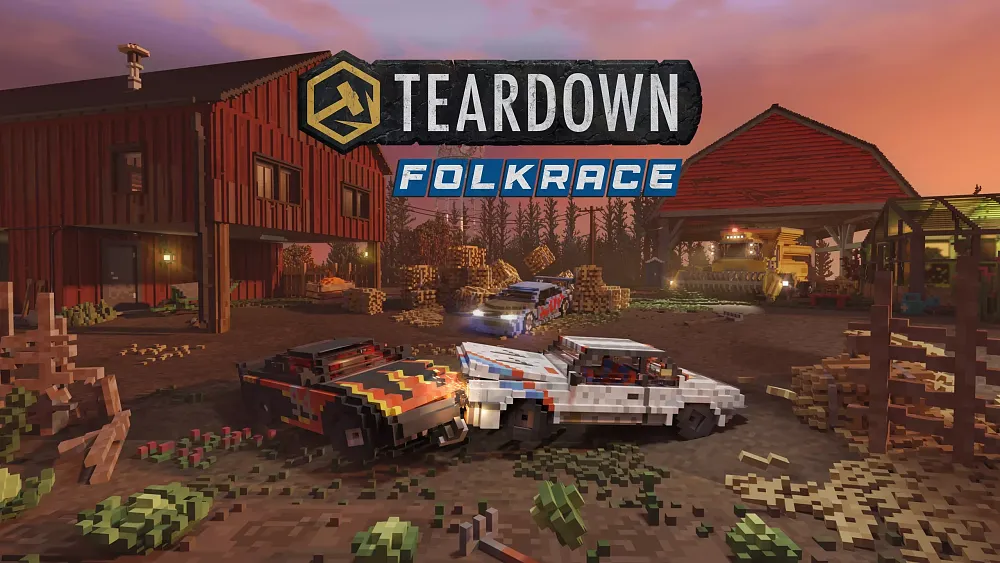 Two voxel cars in a voxel world colliding with the title Teardown Folkrace at the top.