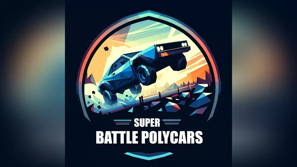 Logo with the game title, Super Battle Polycars, and a low poly car making a sick jump.