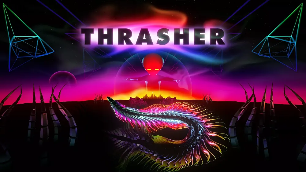 Colorful retro-80s inspired looking scene. The title, Thrasher, is at the top of the image. The image shows a colorful eel-like creature roaming about a sparse colorful environment. A giant baby-like being is seen looming over everything in the far distance.