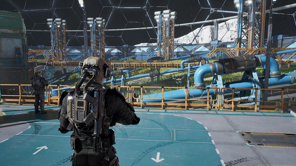Image from the upcoming game, The Expanse: Osiris Reborn showing a person in a space suit standing inside some industrial space facility.