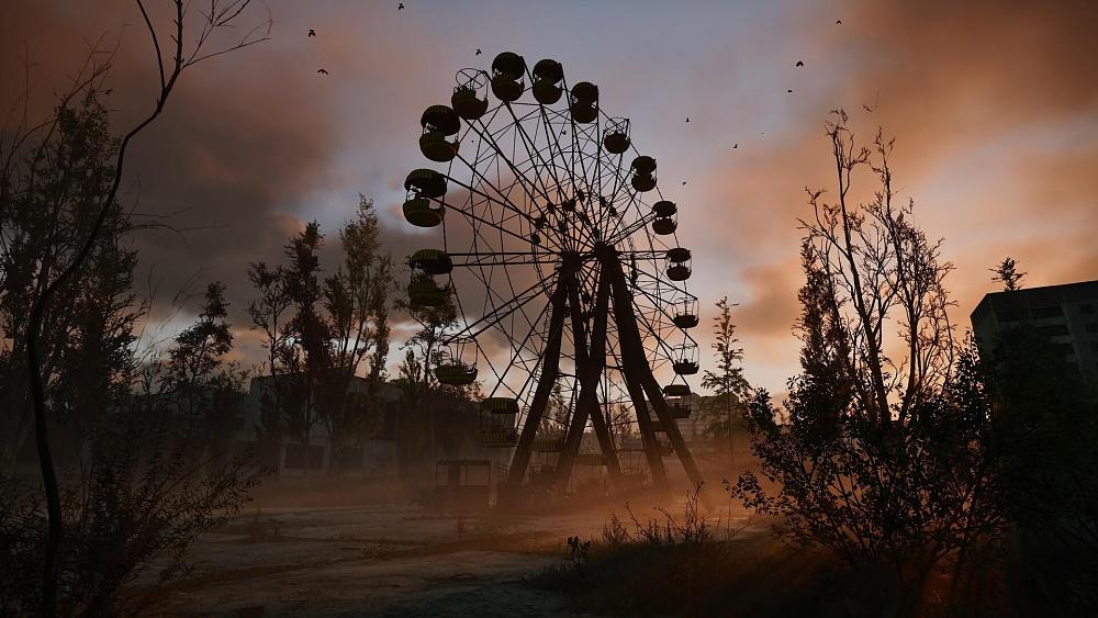 A rundown and rusted ferris wheel in Stalker 2.