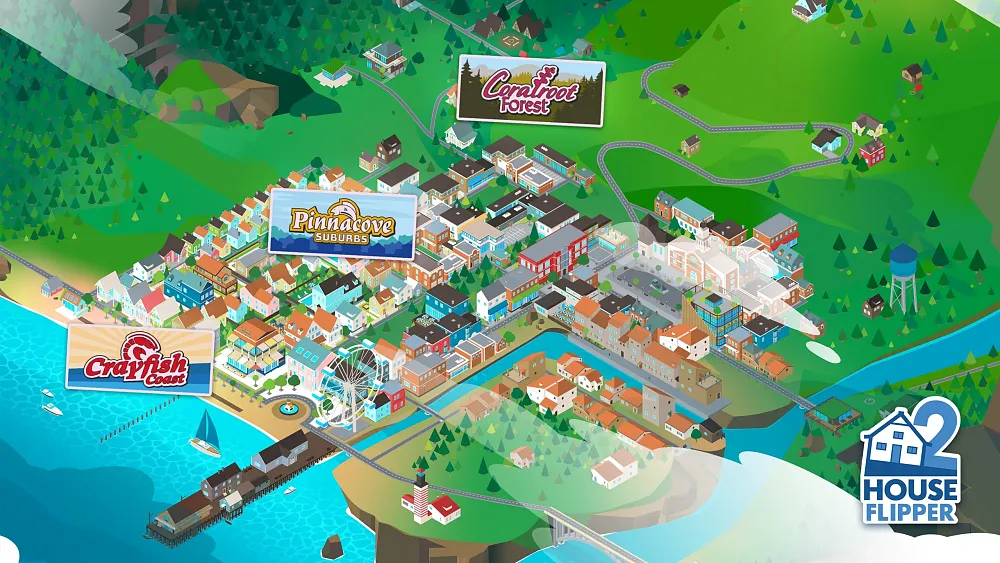 A map of the play areas in House Flipper 2, showing three different districts within a town.