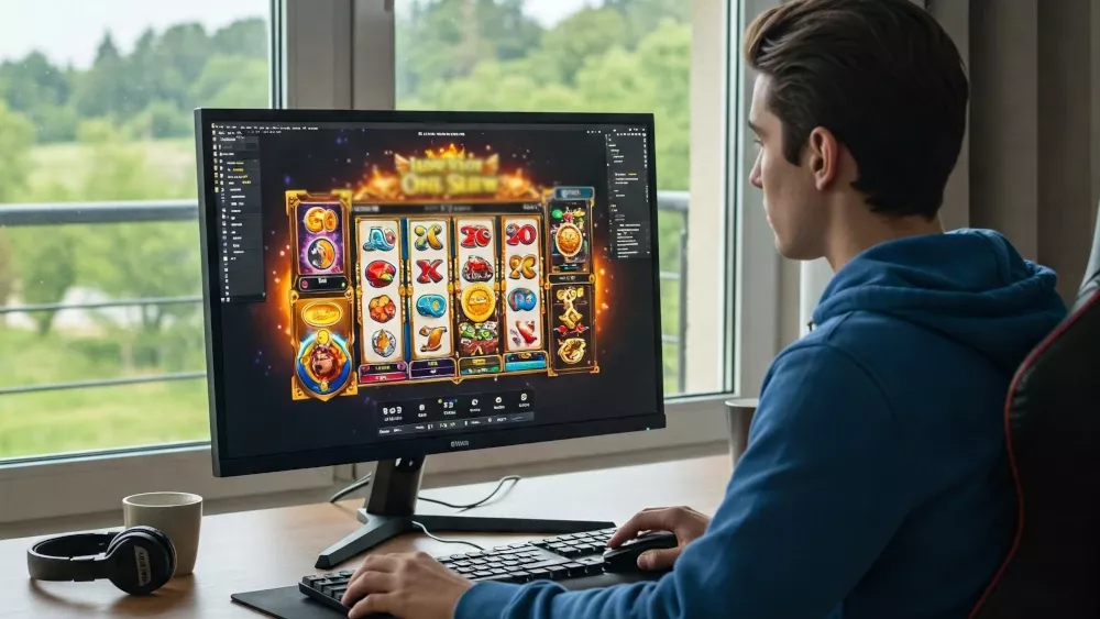 A man in a blue hoodie sitting at his computer and playing an online slot machine game.