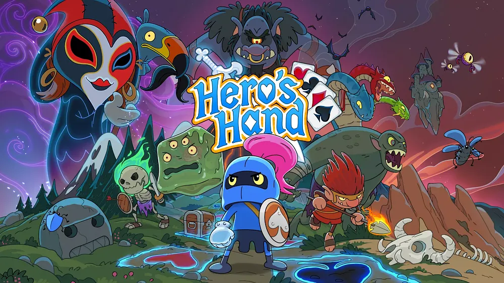 At the center is a small blue knight holding a shield and a glowing orb, surrounded by various fantastical creatures—like a jester-like figure, a cyclops, a multi-headed dragon, and more. The background showcases a mystical world with mountains, a floating castle, and a night sky adorned with swirling patterns and bats. Playing cards are cleverly incorporated into the title design, emphasizing the poker-inspired combat mechanics of the game.