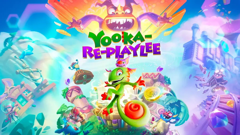 Promotional image for the video game Yooka-Laylee and the Impossible Lair, featuring the main characters, Yooka (a green chameleon) and Laylee (a purple bat), in a colorful and adventurous setting.