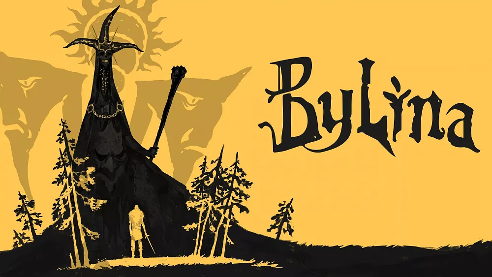 Yellow and black art for Bylina featuring the title in black lettering. A human warrior stands facing a very tall black demonic spirit.