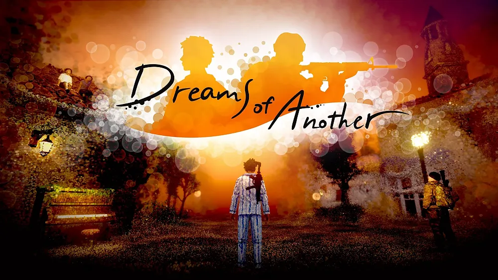 A person in blue striped pajamas with a rifle on their back is standing in the middle of a street, houses to the left and right of them, within a dream-like world.