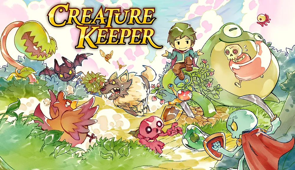 The image depicts a colorful, whimsical scene with fantasy creatures and a central character sitting on a large frog. The title "Creature Keeper" appears at the top.