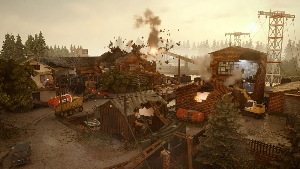 A voxel-based environment with several large brick buildings that is being actively destroyed with explosions.