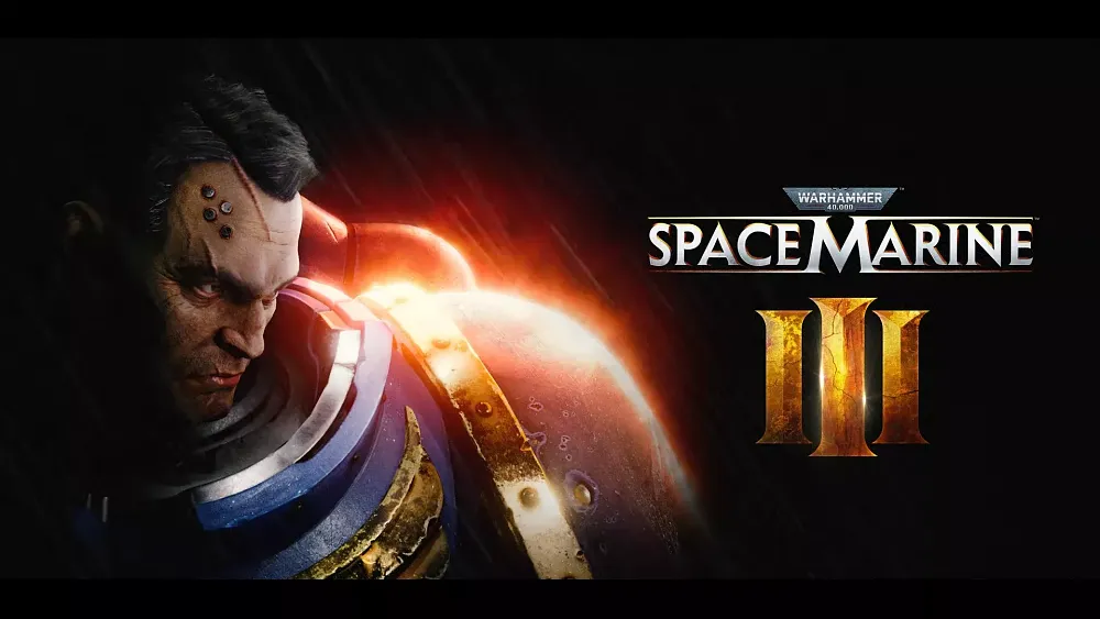 A Space Marine without his helmet staring intently on the left side of the image. On the right is the logo for Warhammer 40,000: Space Marine 3.