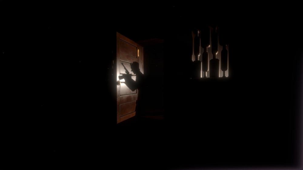 The shadow a person in another room being cast against a door from a single light source.