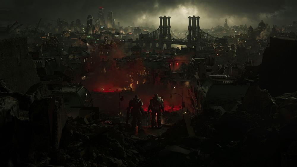 Game characters Marcus Fenix and Dom Santiago standing at the edge of a destroyed building looking out over a city being overrun by aliens.