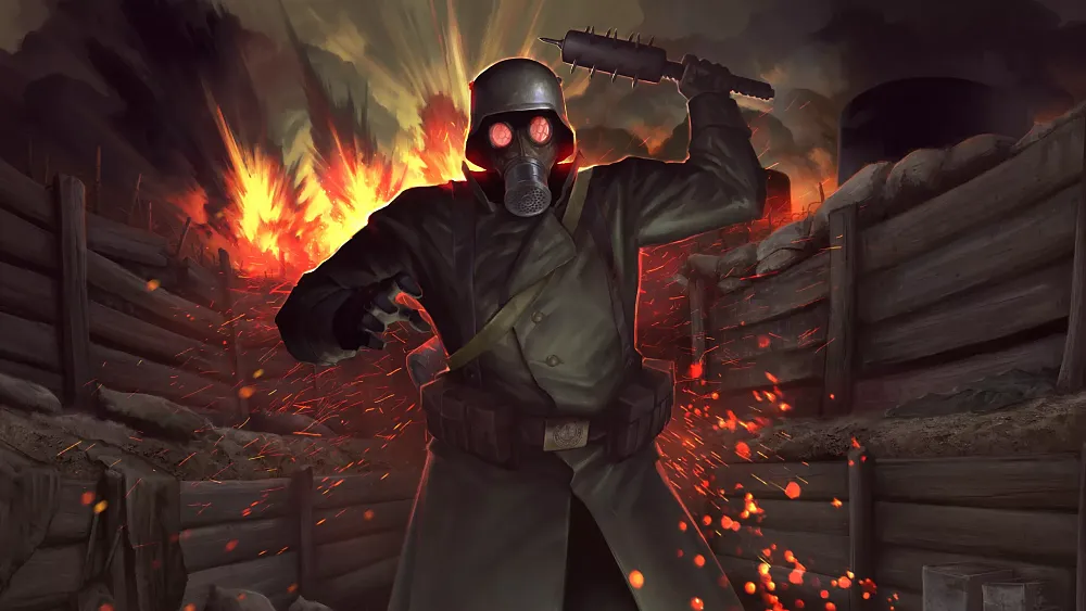 Art showing an attacking WW1 soldier wearing a gas mask with red eyes holding a spiked club weapon.