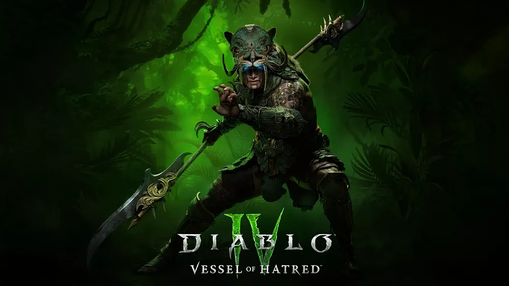 Text: Diablo 4: Vessel of Hatred. Image shows a character as the new Spiritborn class.