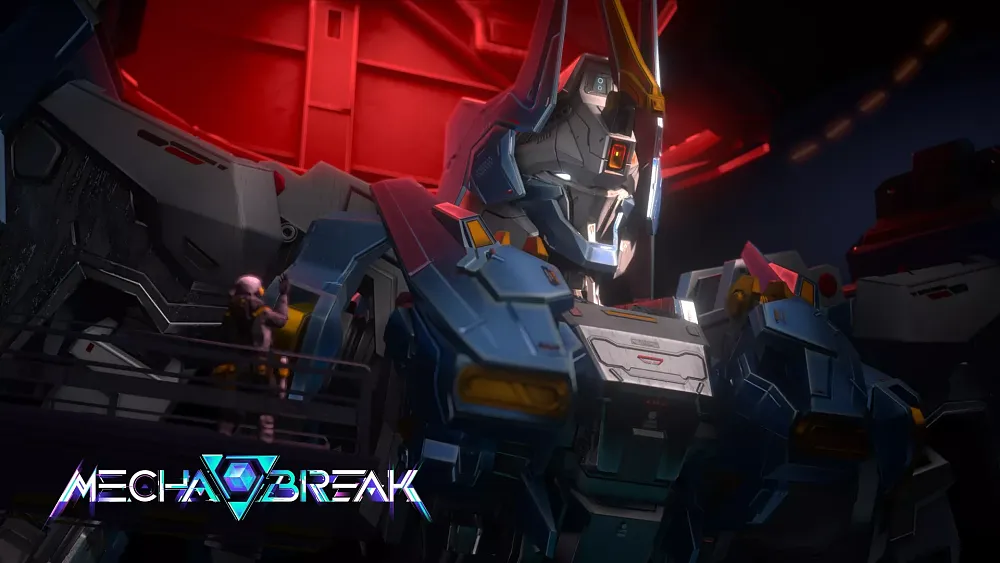 A closeup of a giant battle mech with the title "Mecha Break" on the bottom left corner.