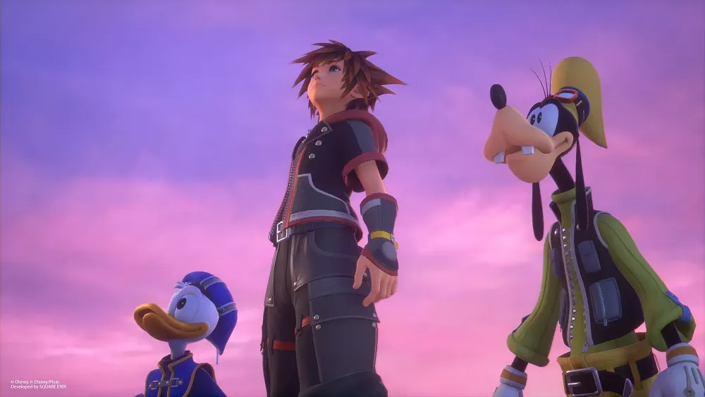 Image of the three main characters, Sora, Goofy, and Donald Duck, in Kingdom Hearts 3.