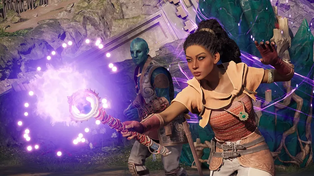Screenshot showing some characters and some magical gear from Avowed.