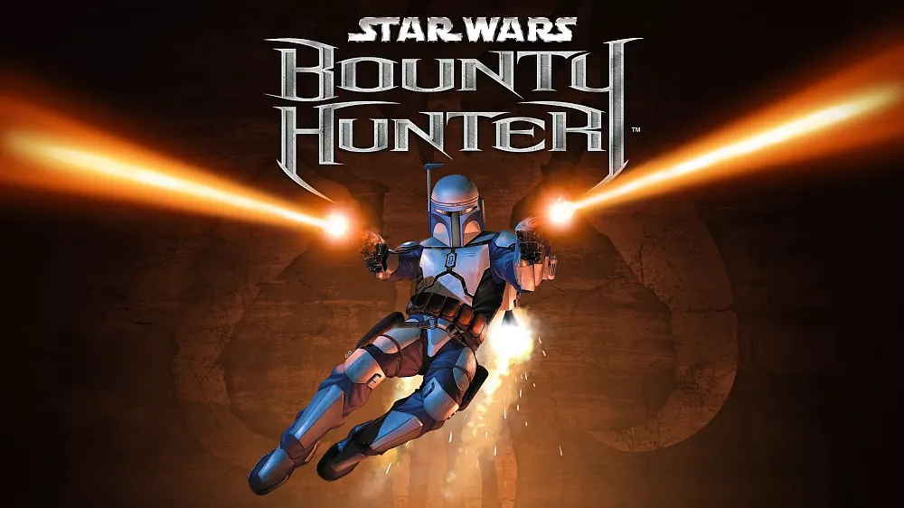 Jango Fett jumping and firing laser pistols with the title Star Wars: Bounty Hunter above his head.