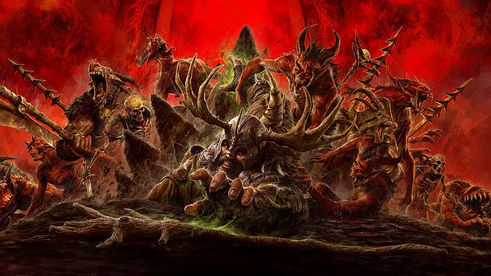 Demons from hell attacking a struggling man as he tries to crawl away.