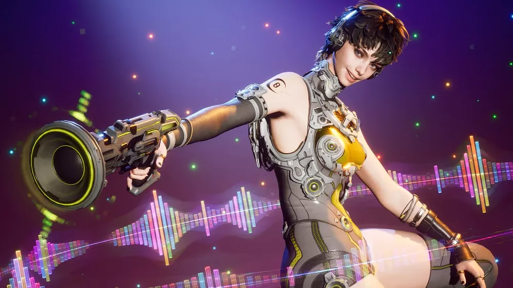 A character wearing a neon yellow and black dress/outfit  as well as a pair of headphones and holding a unique gun with a speaker diaphragm on the end.