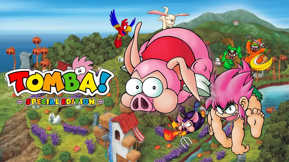 A pink haired caveman is angrily tossing an evil pig as a colorful world is shown in the background. Text: Tomba! Special Edition
