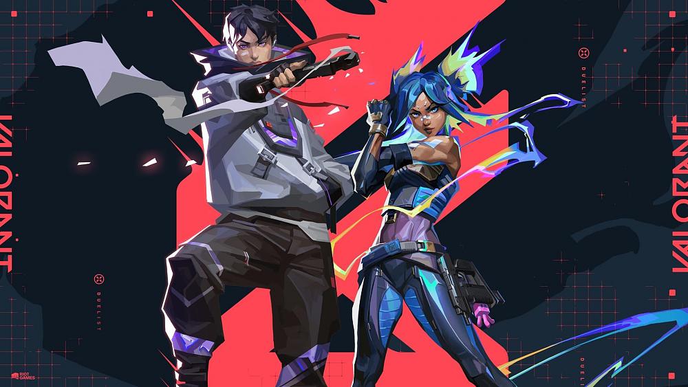 Splash artwork showing a male and female posing with the title Valorant on the sides.