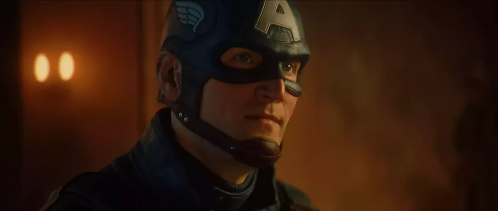 A man, Captain America, in a red, white, and blue superhero outfit.