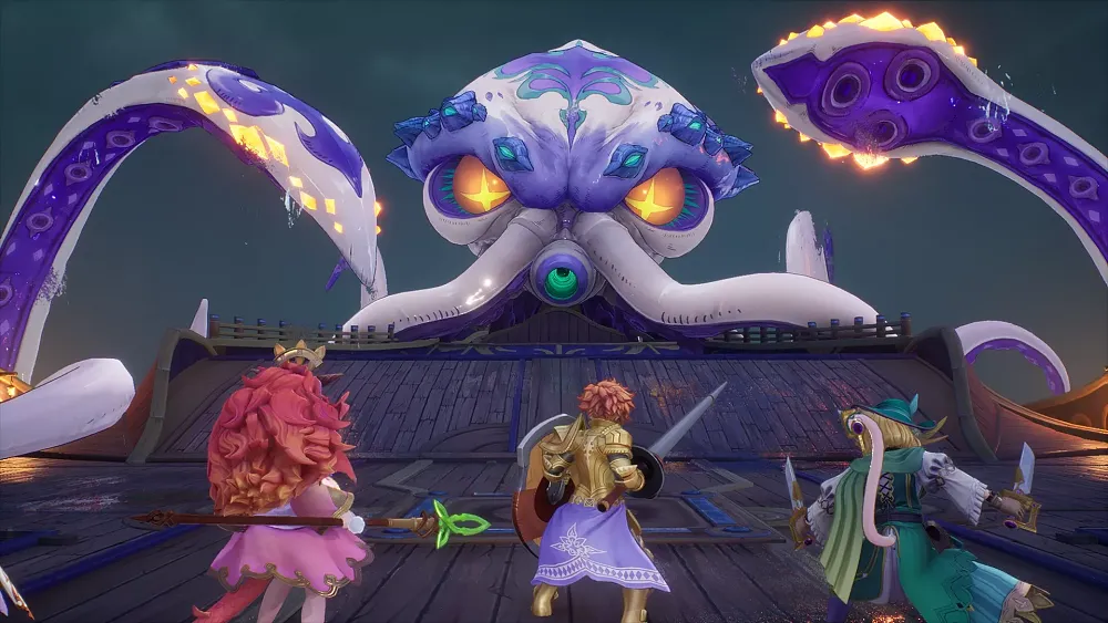 Three heroes about to fight a Kraken boss.
