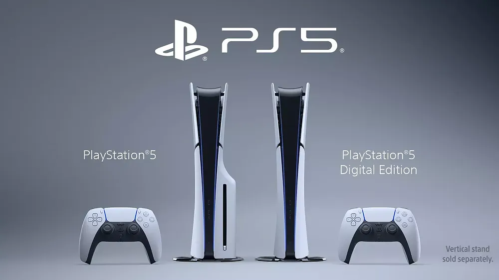 Two PlayStation 5 Slim models, one with a Blu-ray disc drive and one without.