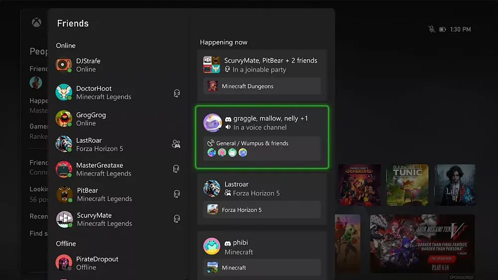 Image showing a friends list for Xbox and under the Happening Now section you can now see when friends are in a Discord voice chat.