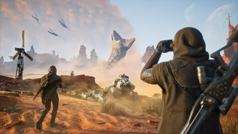 A person surveying a giant distant sandworm as others prepare for a fight.