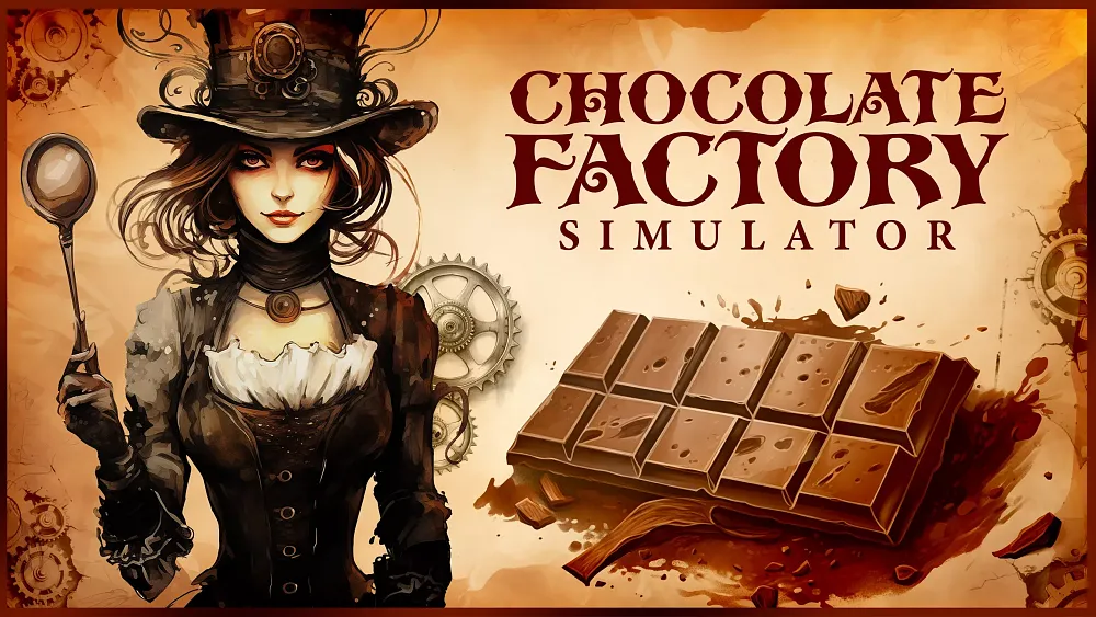 A woman in steampunk style clothing. Text: Chocolate Factory Simulator.