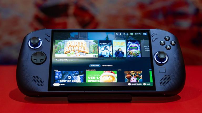 A SteamOS powered handheld gaming PC on display.