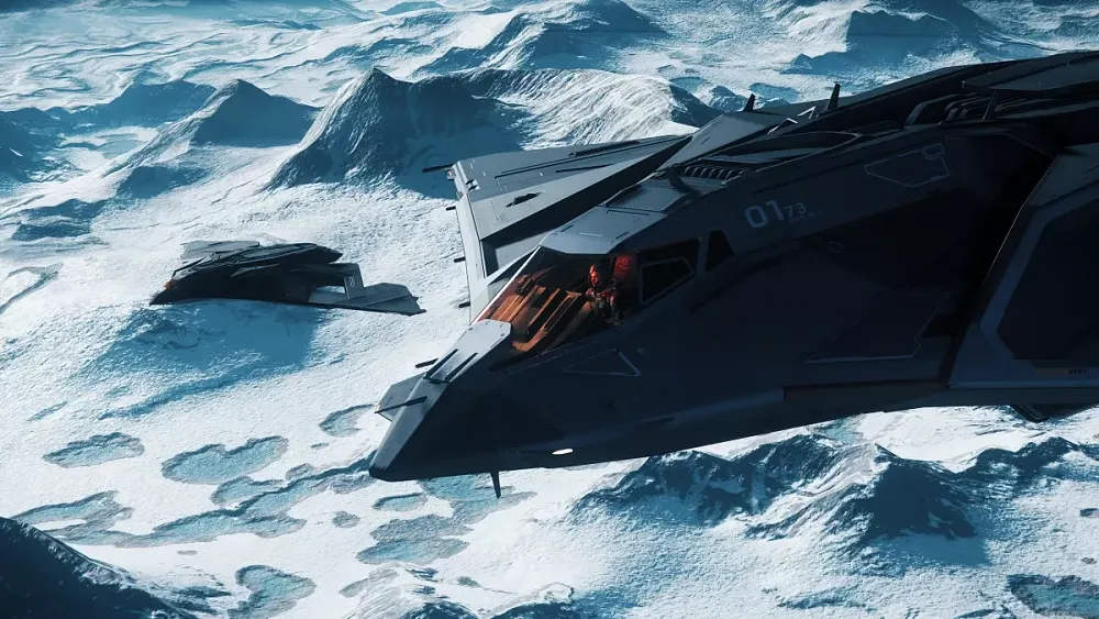A stealth-bomber looking spaceship flying low near the surface of an ice covered planet.