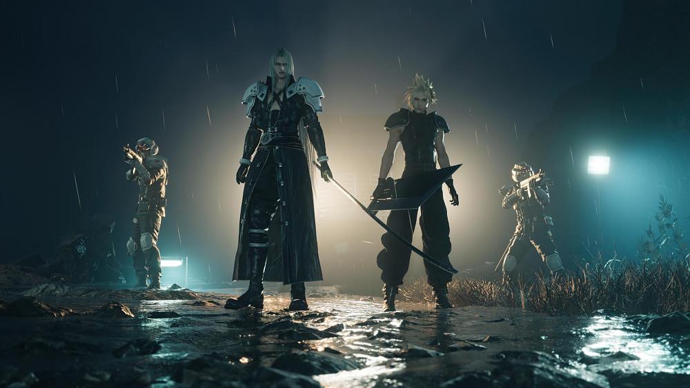 Four people standing with weapons drawn standing in the rain at night. Two in the background have helmets on and assault rifles drawn. The two in the front have large swords drawn.