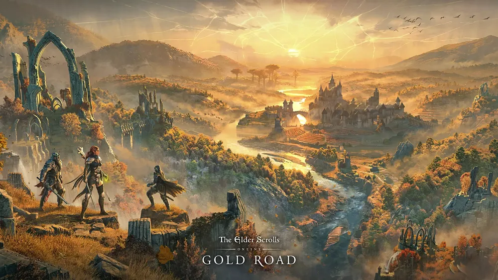 Key art for the Golden Road expansion for ESO showing golden fields bathed in golden light with characters standing on a ridge overlooking the lands before them.